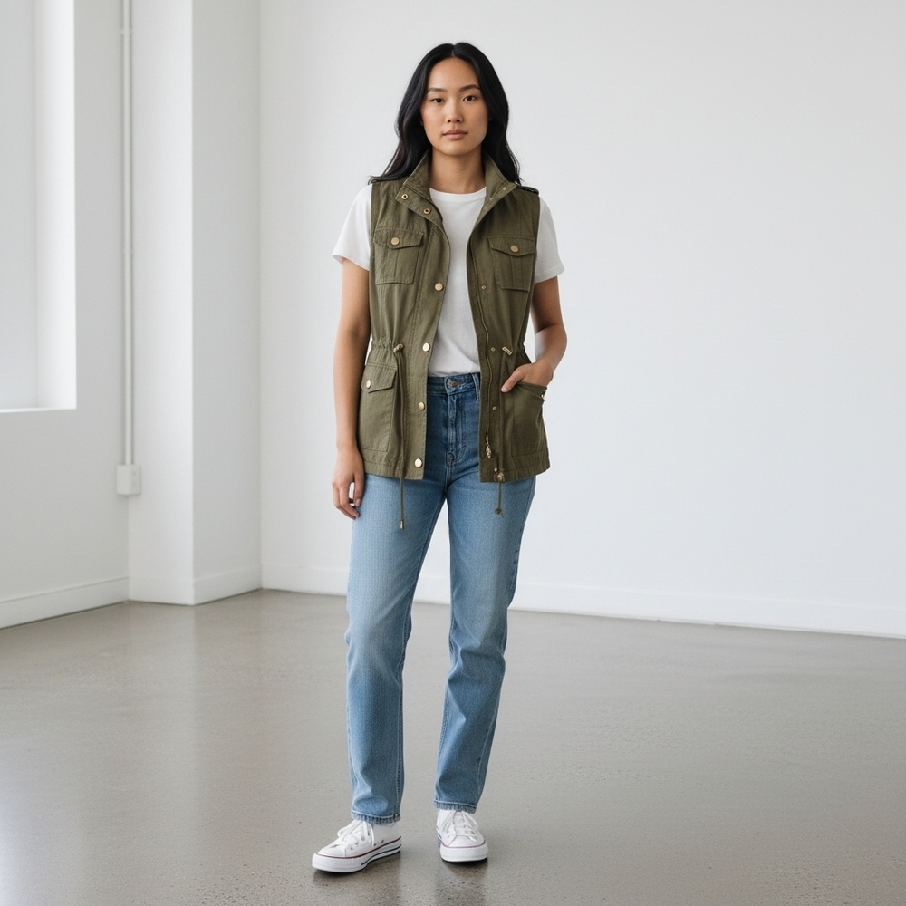 C'Esttoi Womens Dark Army Olive Green Vest With Tan Sherpa Lining Size Small